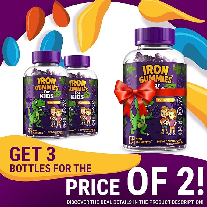 New Elements Iron Dinosaur Gummies for Kids with Vitamin C | Sugar-Free, Vegan, Gluten-Free & Non-GMO | Anemia Relief, Energy & Blood Health Support | Grape Flavor, Pectin-Based for Optimal Health