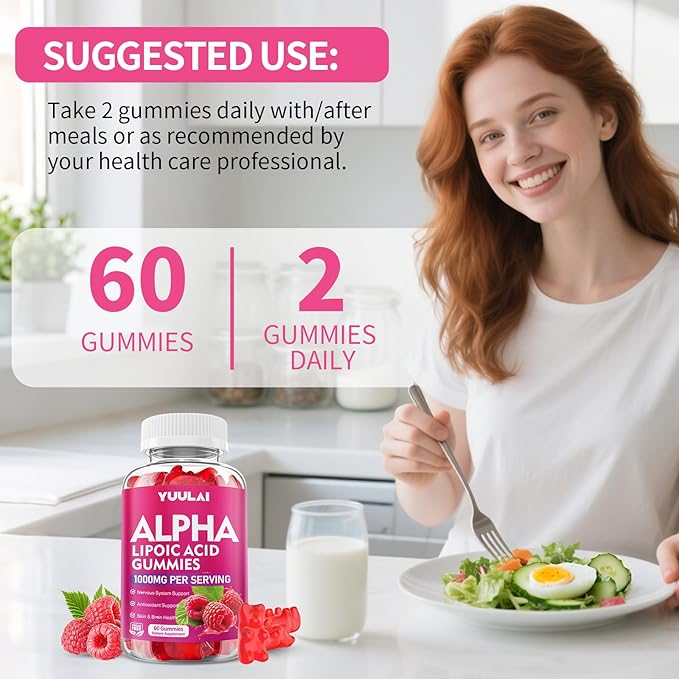 Alpha Lipoic Acid Gummies 1000MG with Biotin, High Absorption Chewable ALA Supplement for Antioxidant, Brain Health and Nerve Support, Raspberry Flavor, 60 Count