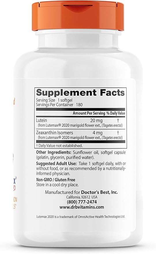 Doctor's Best Lutein Supplement 20mg with Zeaxanthin - Lutein for Eyes, Eye Health Vitamins for Men & Women, Vision and Macular Health Support, Lutemax 2020 Marigold Flower Extract - 180 Softgels