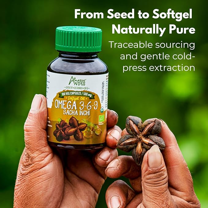 Amazon Andes Sacha Inchi Oil Capsules 500mg - Omega 3 6 9 Fatty Acids from Peru - 100 Softgels - Cold Pressed Virgin Inca Peanut Oil - Plukenetia Volubilis - Vegan Plant Based Non-GMO