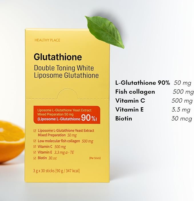 HEALTHY PLACE Double Toning White Liposome Glutathione Korean Beauty Supplement – Liposomal L-Glutathione, Vitamin C 500 mg, Vitamin E, Biotin & Fish Collagen 500 mg, Lime-Lemon Flavor – 30 Packets