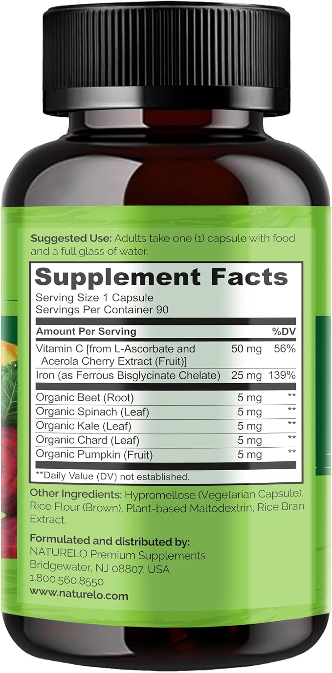 NATURELO Vegan Iron Supplement with Vitamin C and Organic Whole Foods - Gentle Iron Pills for Women & Men with Iron Deficiency Including Pregnancy, Anemia and Vegan Diets - 90 Mini Capsules
