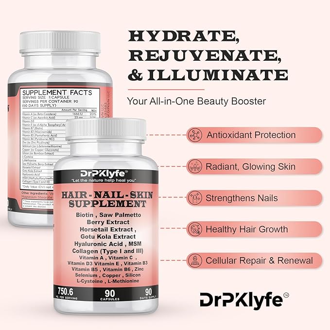 Hair, Nail and Skin Supplement Capsules:Biotin, Collagen, Collagen Peptides, Acid Hyaluronic, Biotin, Vitamin A, C, B5, B6 Saw Palmetto & More - 90 Capsules.