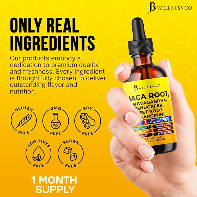 Organic Maca Root Liquid Drops with Ashwagandha, Nettle, Fenugreek, Beet Root and L-Arginine Liquid Multivitamin for Women and Men - 2oz
