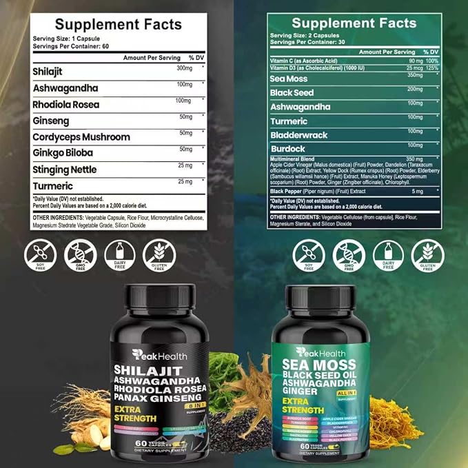 Peakhealth Shilajit Sea Moss Black Seed Oil Ashwagandha Capsules for Man Woman,2 Bottle Combo with Turmeric, Panax Ginseng, Rhodiola,Herbal Formula,Energy & Immune Support, 60 Capsules