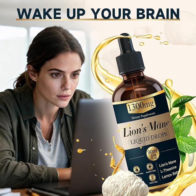 2 Pack*90ml Lions Mane Liquid Drops Organic Mushrooms Supplement with L-Theanine Lemon Balm Lion's Mane Extract Drop for Adults Brain Support for Memory Focus Clarity Free of Alcohol Sugar Tasteless