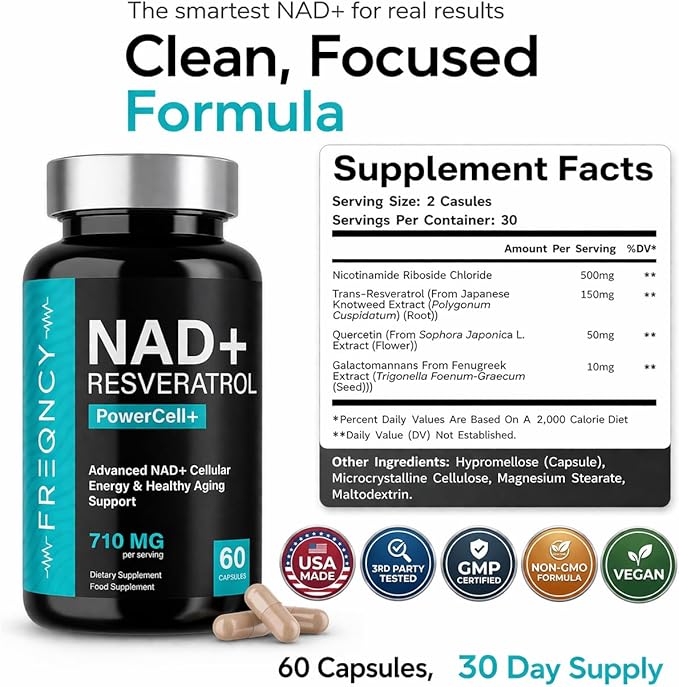 FREQNCY NAD+ Resveratrol Supplement – 500mg Nicotinamide Riboside (NR) - Anti-Aging & Cellular Energy - NAD & NMN Alternative – 60 Capsules - Vegan | Gluten Free