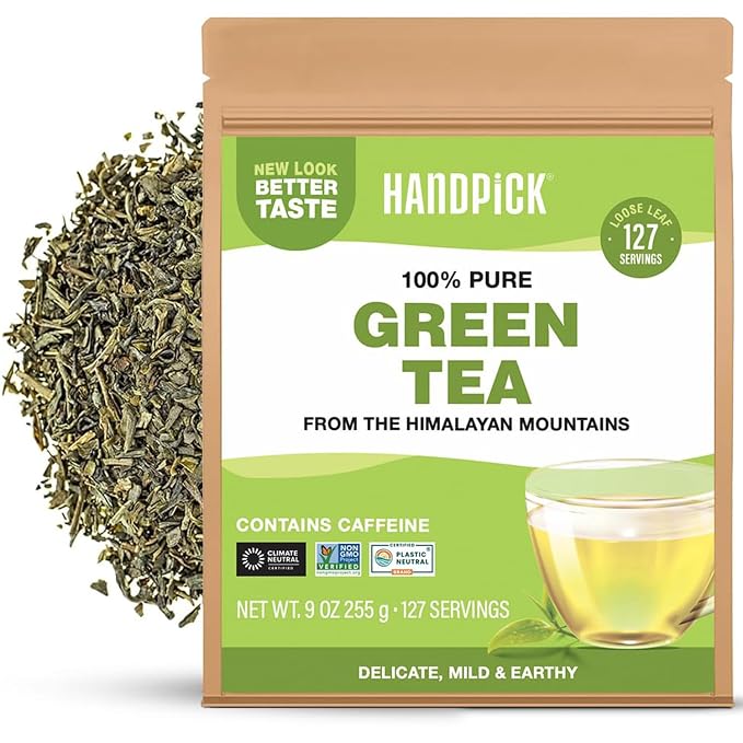 HANDPICK, Green Tea Loose Leaf (255g/9oz) 127 Cups | Non-GMO, 100% Pure Green Tea Leaves Sourced from Himalayas, India | Resealable Ziplock Pouch