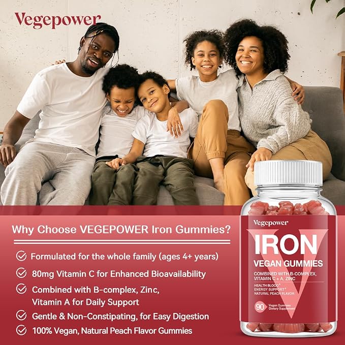 Iron Gummies Supplements for Women & Kids - Multivitamin with Iron for Blood Oxygen, Great Tasting Gummy Vitamins with Vitamin C for Max Absorption - Vegan Chewable, Peach Flavor(3 Packs)