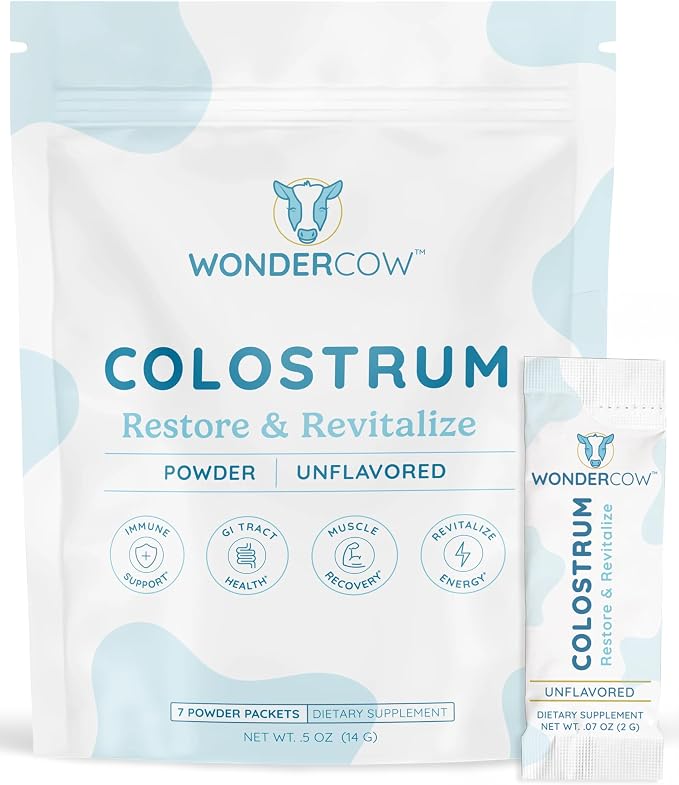 WONDERCOW Colostrum Supplement Powder for Gut Health, Immune Support & Wellness | Natural IgG Pure Whole Bovine Colostrum Superfood, Unflavored, 7 Servings