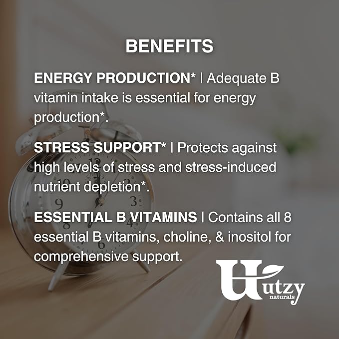 Utzy Naturals Vitamin B Complex | Contains All 8 Essential B Vitamins | with Choline and Inositol | 60 Capsules
