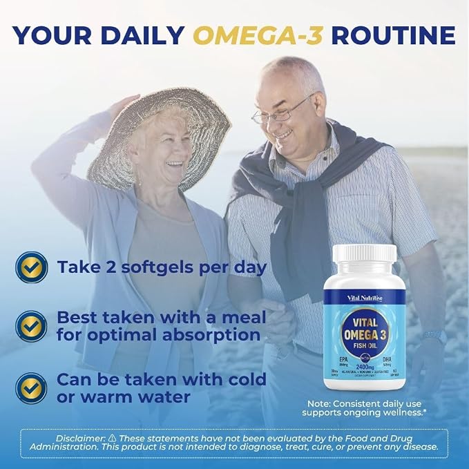 Vital Omega 3 Fish Oil Supplements 2400mg | 864mg EPA & 576mg DHA | 1440mg Total Omega-3 Fatty Acids | Promotes Brain & Heart Health | Non-GMO, Gluten-Free, Sugar-Free | Lemon | 60 Day Servings