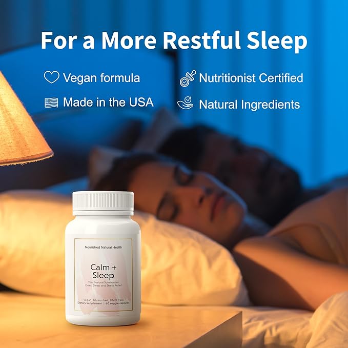 Nourished Natural Health Calm + Sleep – Relaxation & Melatonin-Free Sleep Supplement for Women, Cortisol Support with Ashwagandha, L-Theanine, Magnesium & Valerian Root – Vegan & Non-GMO – 60 Capsules