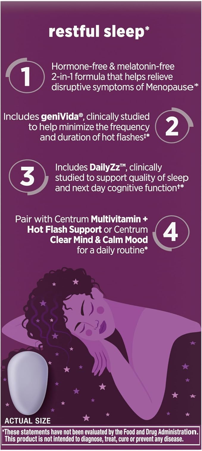 Centrum Restful Sleep Menopause Support Tablets, Supplement with Clinically Studied DailyZz and geniVida, 28 Count (Pack of 2)