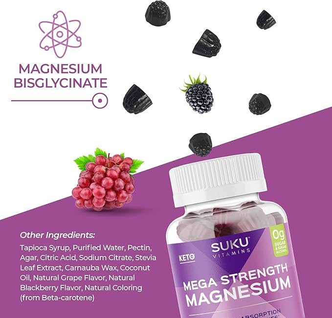 SUKU Vitamins - Mega Strength Magnesium - 177 mg of Magnesium Bisglycinate Gummies for Muscle Function - Easy to Chew - Non GMO, Gluten Sugar Free - Grape BlackBerry Flavored Gummy Vitamins (50 Count)