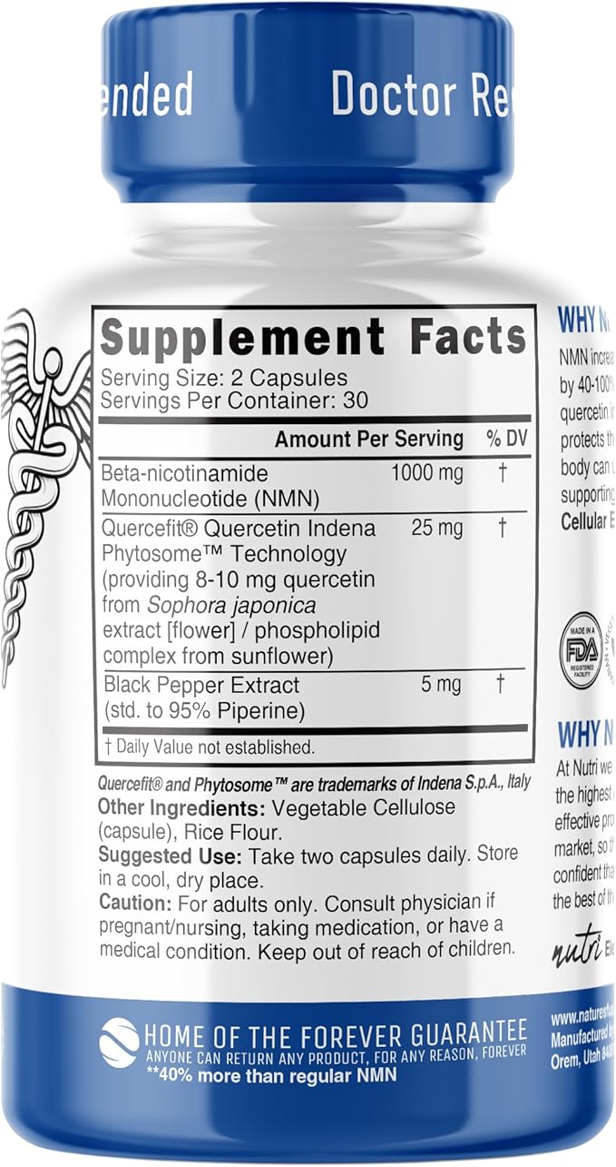 NMN Supplement 1000mg NAD Supplement - Nutri Ultra High Absorption Stabilized NMN Nicotinamide Mononucleotide, 40% More NAD+ with Quercetin Phytosome & Black Pepper - mnm supplement (60 Capsules)