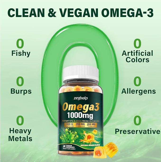 Omega-3 Supplement Gummies for Women & Men - 1000mg Vegan Omega3 DHA & EPA with Turmeric, Vitamin D3, K2, Citicoline for Overall Health - Algae Oil Omega 3 Fatty Acid Supplements, Sugar-Free