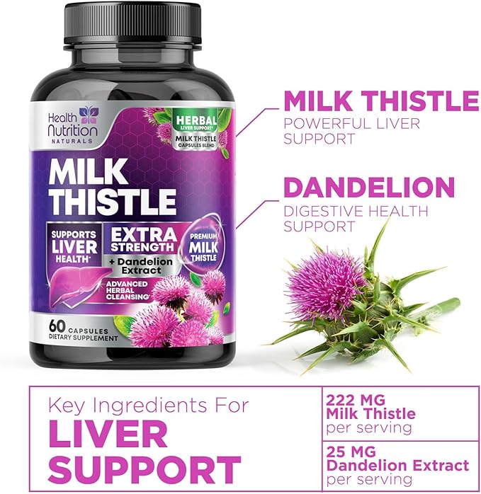 Milk Thistle Supplement - Liver Health Support with Dandelion Root & Silymarin Marianum, Liver Cleanse Detox & Repair - Nature's Milk Thistle Extract - 60 Capsules