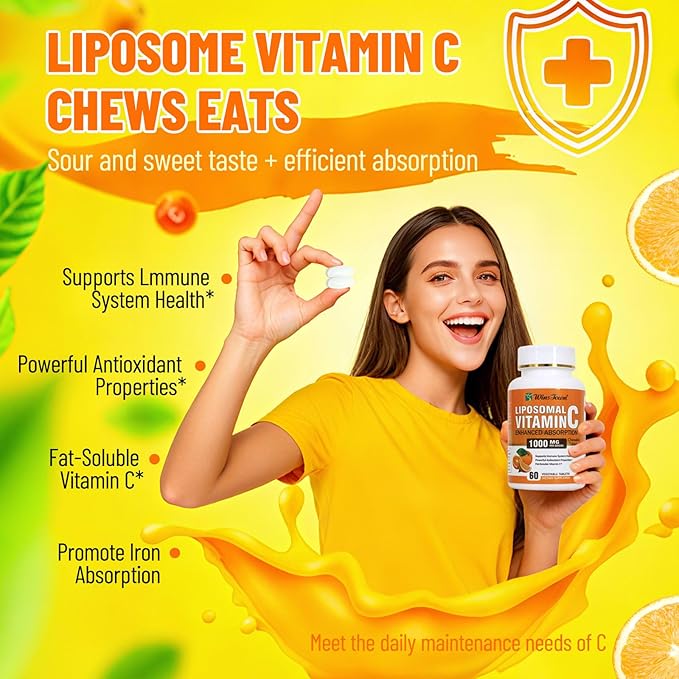 Liposomal Vitamin C Chewable Tablets, 1000mg Per Serving, High Absorption Fat-Soluble Dietary Supplement, Supports Immune Health & Antioxidant, 60 Count