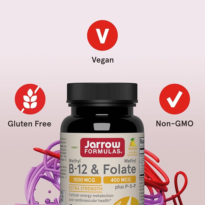 Jarrow Formulas Methyl B-12 & Methyl Folate, Bioactive Vitamin B9 & Vitamin B12 Supplement, Supports Cellular Energy Production, Healthy Brain Function & Metabolism, 100 Chewable Tablets, 100 Servings