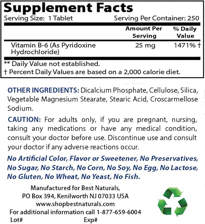 Best Naturals Vitamin B2 (Riboflavin) 400mg & Vitamin B-6 25 Mg