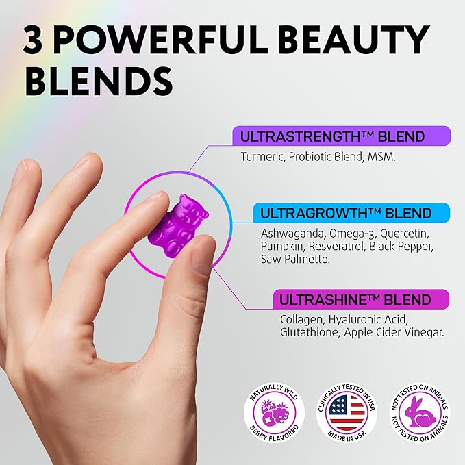 Biotin Gummies for Hair, Skin and Nails - Hair Growth Vitamins for Women & Men - Hair Loss Gummy Supplement with Extra Strength Biotin (Vitamin B7), Collagen, Keratin & DHT Blocker - 60 Chewable Bears