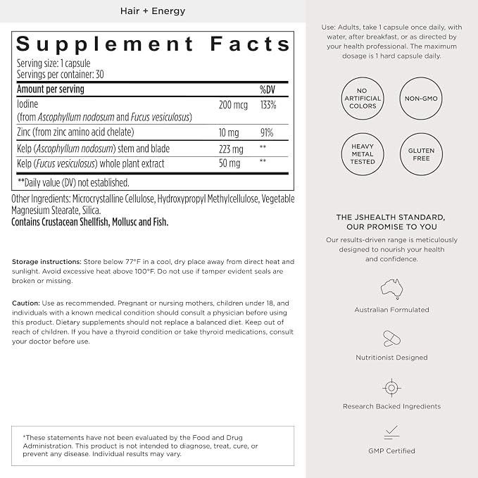 JSHealth Hair Growth Vitamins for Women. Hair + Energy with Kelp Iodine and Zinc. Supports Thickness, Strength, Energy. Nutritionist-Formulated (30 Capsules)