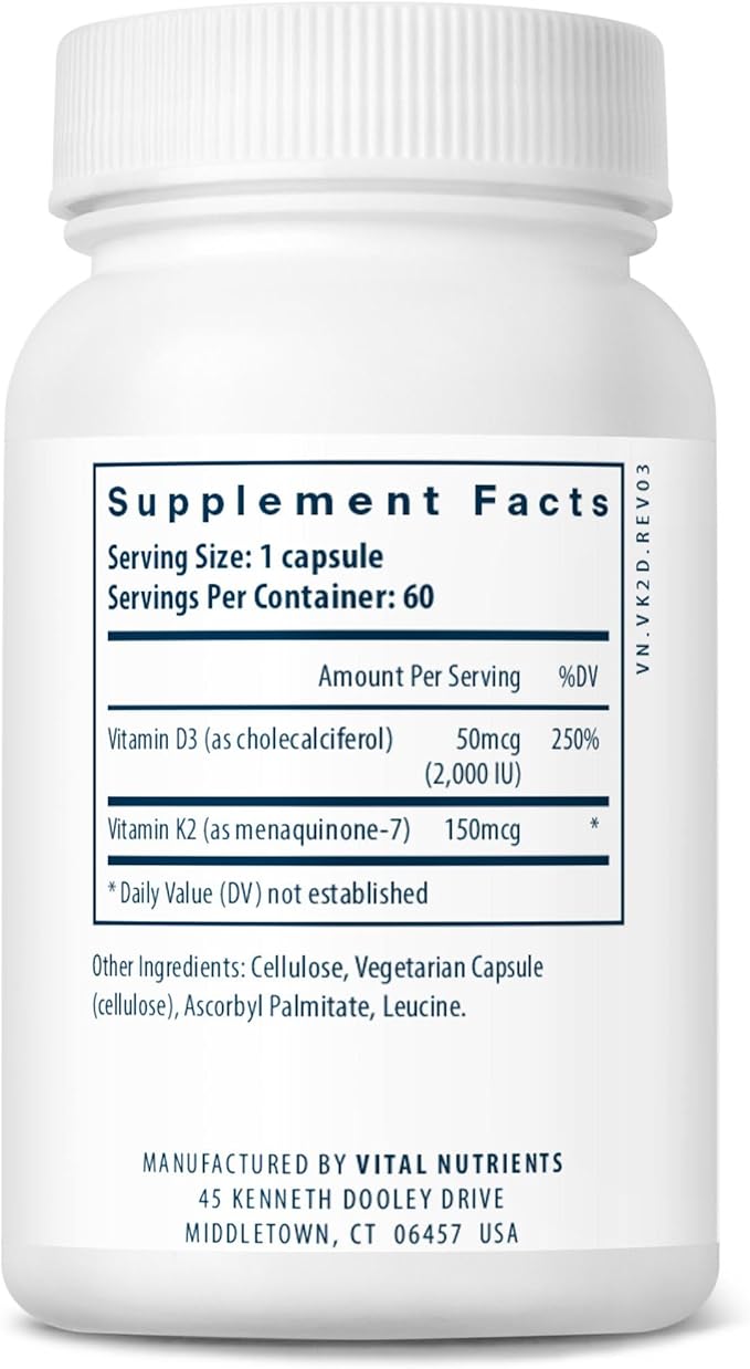 Vital Nutrients Vitamin D3 + K2 | 2000 IU | Vitamin D3 K2 Supplement | Vitamin D Complex for Healthy Calcium Levels, Muscle & Bone Health | Gluten, Dairy, Soy Free | 60 Capsules