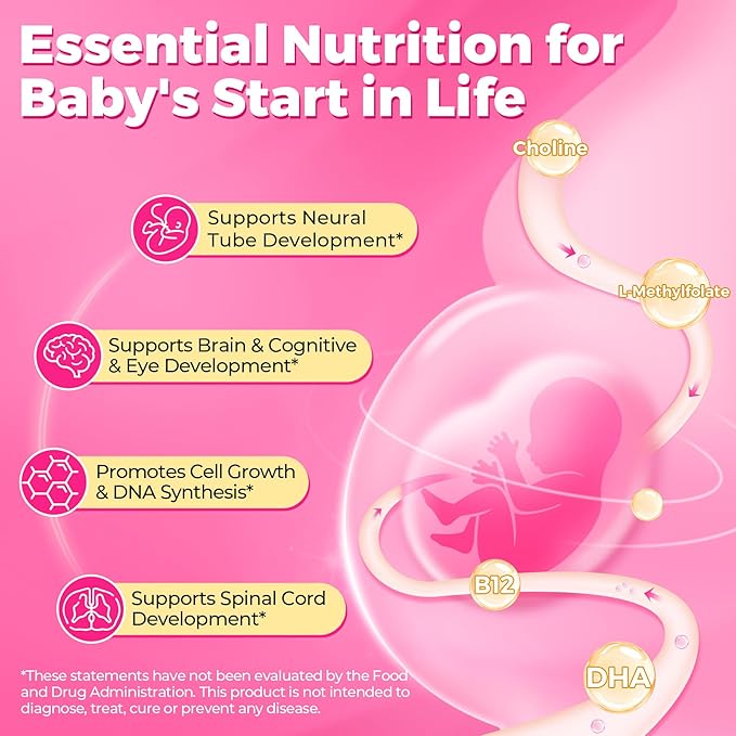 Prenatal Multivitamin Gummy for Women w/Methylfolate 1mg, Iron Choline Omega-3(DHA+EPA), Prenatal Vitamins for Women Gummies, Postnatal Vitamins | Before,During & After Pregnancy, Sugar Free,120Cts