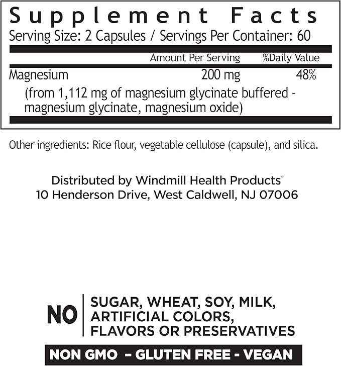 Windmill Natural Vitamins Magnesium Glycinate 200 mg, Supports Muscle, Joint, and Heart Health, Energy and Bone Support, Veggie Capsules, Gluten Free, Vegan, Non-GMO, 120 Capsules