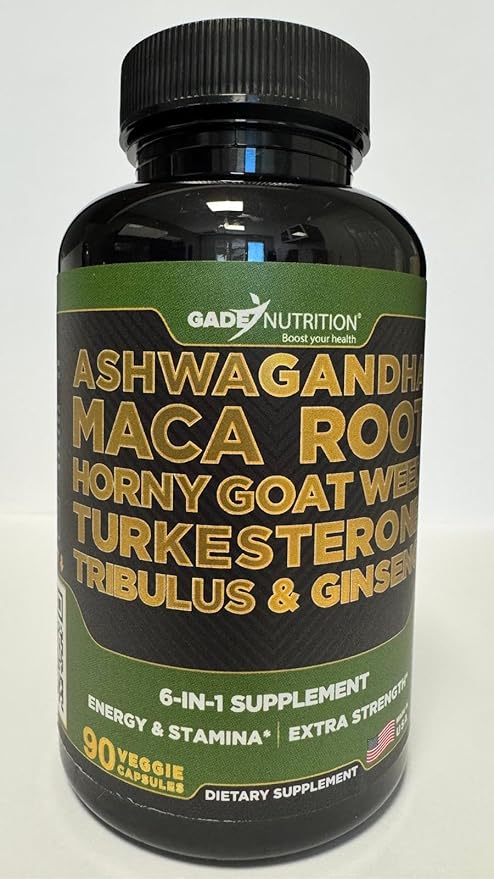 Gade Nutrition Ashwagandha with Maca Root, Horny Goat Weed, Turkesterone Supplement, Tribulus Terrestris, Panax Ginseng | 90 Vegetable Capsules for Energy, Stamina, Performance. | Made in USA