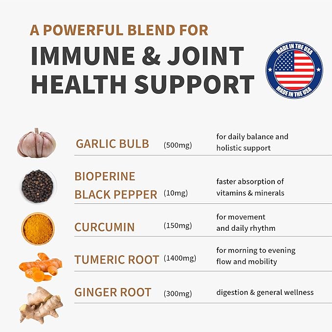 4-in-1 Turmeric Joint Support Supplements with Garlic and BioPerine - 2360 mg High Potency Herbal Blend for Mobility, Everyday Flexibility, Digestive Comfort, and Active Aging Support (120ct)