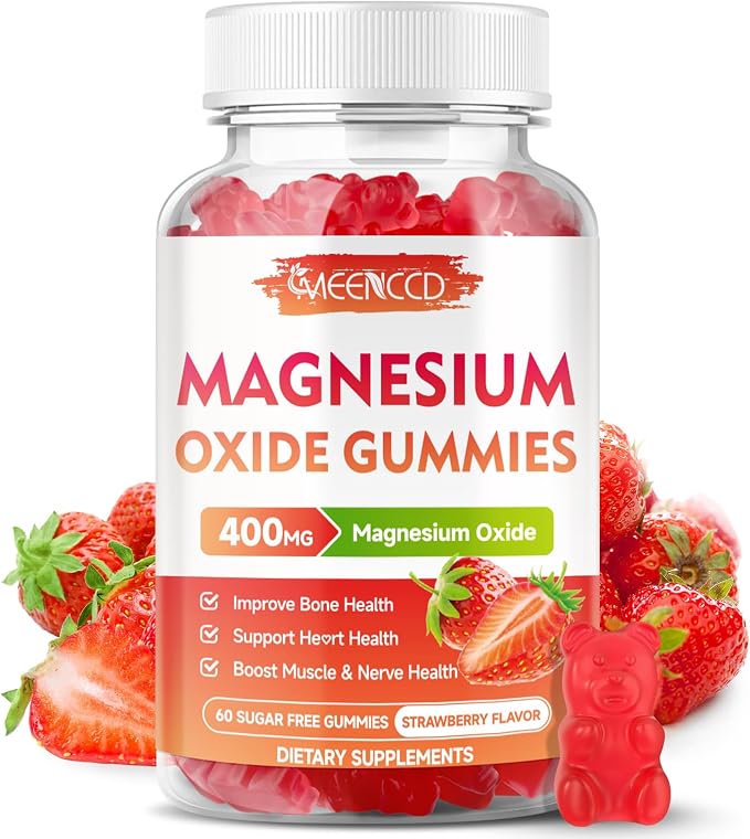 Magnesium Oxide Gummies 400mg, Chewable Magnesium Oxide Supplement for Adults & Kids, Muscle Function Support, Non-GMO, Sugar-Free, Strawberry Flavor, 60 Count