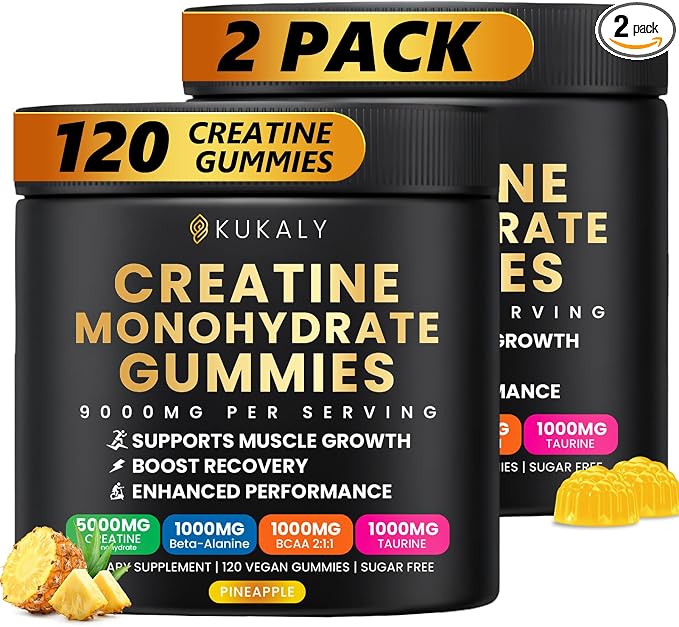 Creatine Monohydrate Gummies for Men & Women, 9000MG Creatine Gummies Sugar Free with L-Taurine, BCAA 2:1, B12 B6 for Boost Strength, Focus & Endurance, Vegan, Non-GMO, Pineapple, 120*2 Bottle