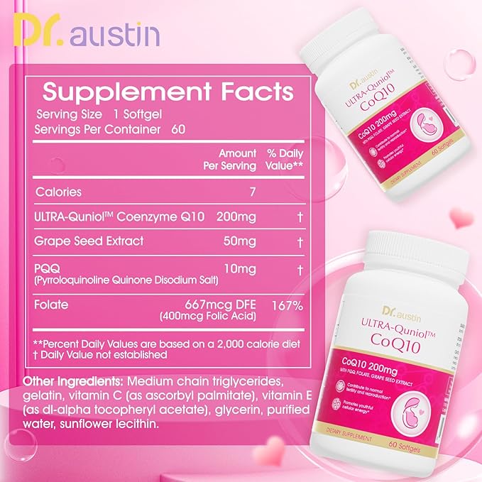 DRAUSTIN Coenzyme Q10 Preparation for Pregnancy Reduction 200mg Mitochondrial PQQ Folic Acid Imported from The United States, 60 Count