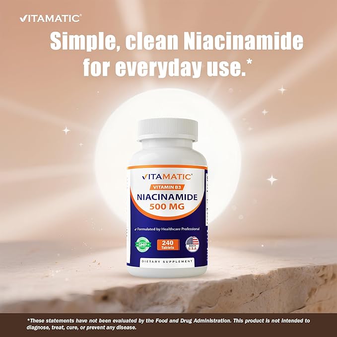 Vitamatic Niacinamide 500 mg 240 Tablets - Flush Free Vitamin B3 - Supports Energy Production-2 Pack