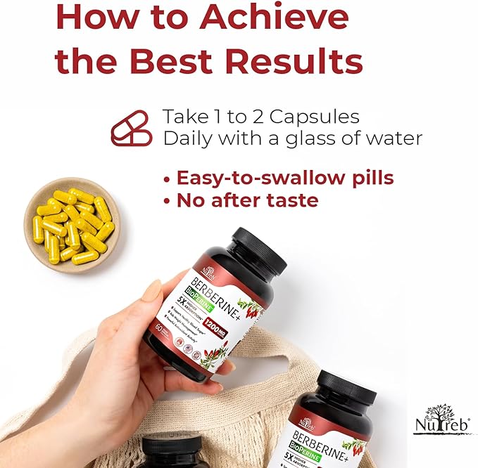 Nutreb Berberine Supplement 1200mg - 5X Higher Absorption - Ultra Pure 98% Berberine HCL - Healthy Weight Management, Immune Support - Non GMO, Manufactured in USA - 60 Vegan Capsules