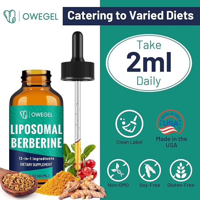 Liposomal Berberine HCL Liquid Drops – Advanced 12-in-1 Herbal Formula with Ceylon Cinnamon, Bitter Melon, Green Tea & More – 4 Fl Oz