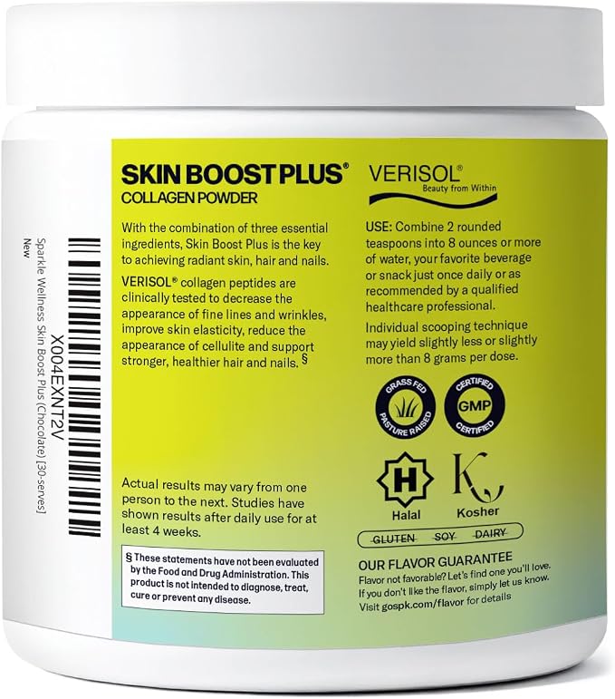 Sparkle Wellness VERISOL Bioactive Hydrolyzed Collagen Peptides | Collagen Powder Supplement with Vitamin C & Hyaluronic Acid for Hair, Skin, and Nail Health | Skin Boost Plus (Chocolate) [30-Serves]