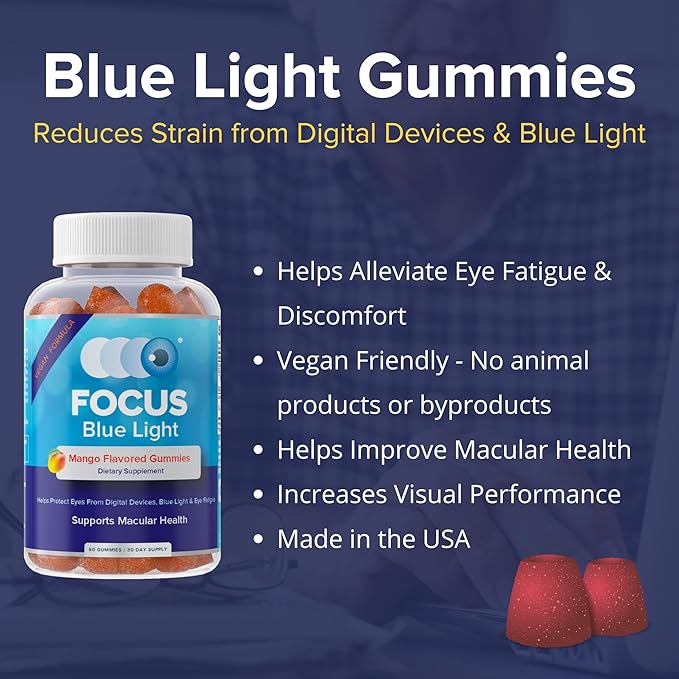 Focus Blue Light Supplement | Lutein and Zeaxanthin Supplement for Eye Health and Blue Light Protection | 60 Count Mango Flavored Gummy, 30 Day Supply