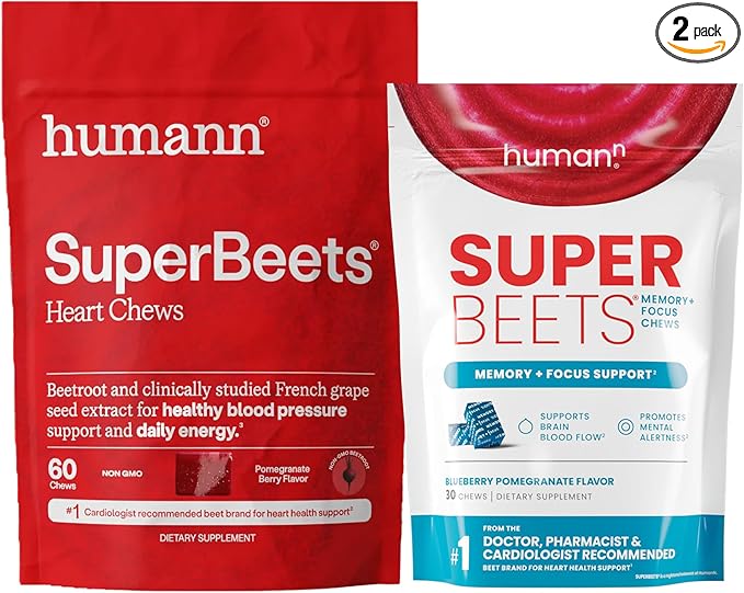 Humann SuperBeets Heart Chews & Memory + Focus Chews, with Beet Root Powder and clinically Studied nootropics, Nitric Oxide Support, Mental Alertness, 90 Count