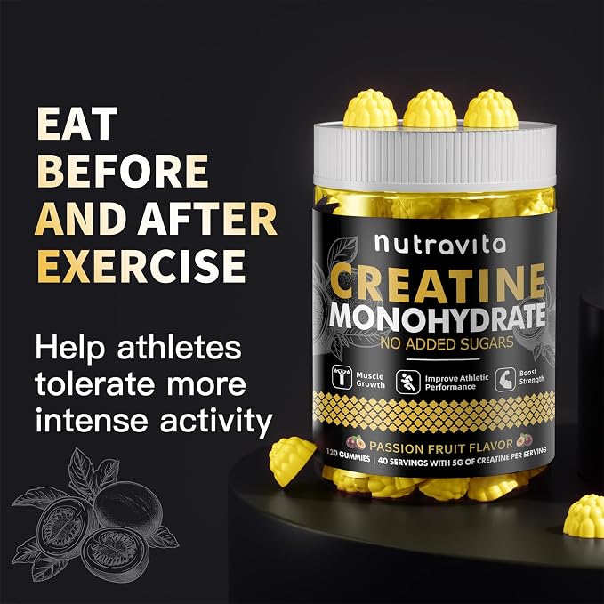 Nutravita NSF Certified Creatine Gummy - Creatine Monohydrate Gummies for Men & Women-5g of Creatine Monohydrate per Serving - Sugar Free,Vegan, Passion Fruit Flavor, 120 Count