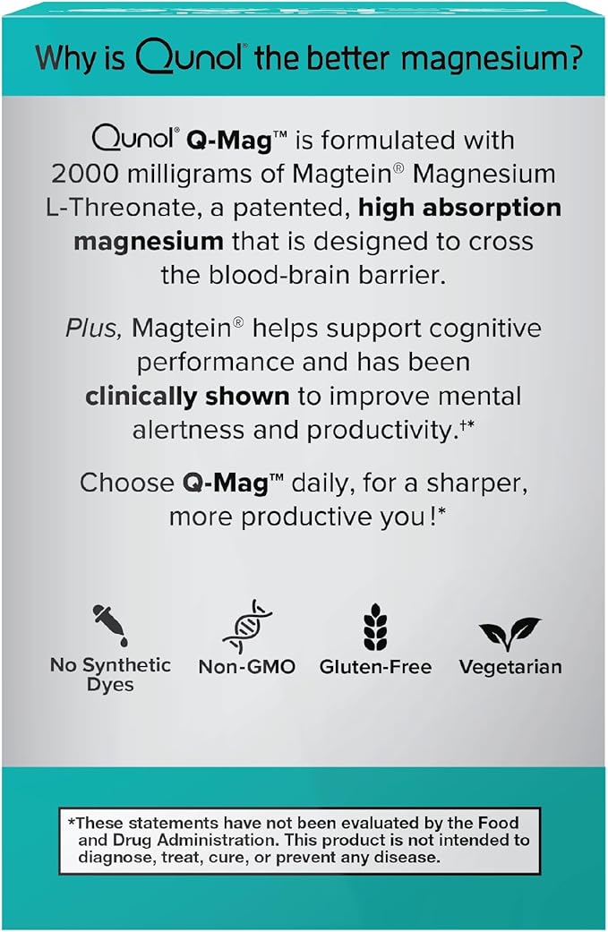 Qunol Q-Mag Magnesium L-Threonate Tablets, 2000mg of Magtein to Help Support Cognitive Performance, Improve Mental Alertness & Productivity, Supports Restful Sleep, High Absorption, 60 Count