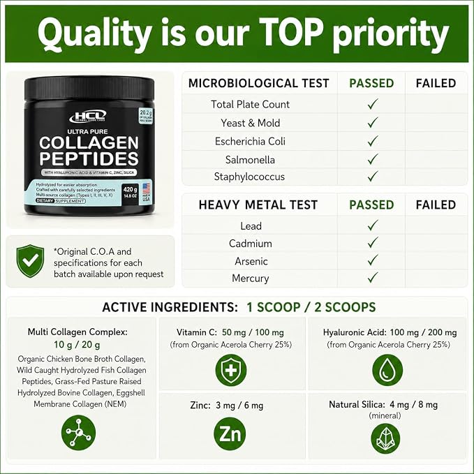Collagen Peptides Powder with Vitamin C & Hyaluronic Acid - from Organic Cleanest Sources & Super High Absorption - Hydrolyzed Multi Type I, II, III, V, X - Skin Hair Supplement Made in USA