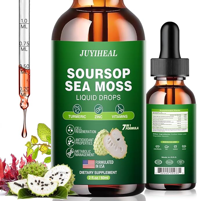 7-in-1 Soursop Graviola with Sea Moss Liquid Drops, Soursop Bitters Liquid Rich in Multivitamin for Digestive Antioxidant, Immune Boost, Cell Support & Regeneration, 2 Fl Oz