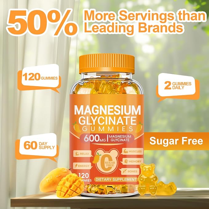 Magnesium Glycinate Gummies 600mg, Chewable Sugar Free Potassium Magnesium Gummies with Magnesium Glycinate, Vitamin D, B6 and CoQ10 for Sleep, Relaxation, Brain & Muscle, 120 Count