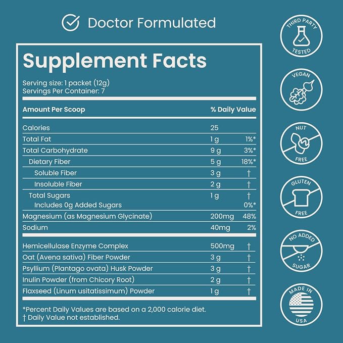Nighttime Prebiotic Fiber Powder with Digestive Enzymes & Magnesium Glycinate for Sleep, On-The-Go Travel 7 Pack | Gut Health Supplement for Women & Men - Bloating Relief Soluble and Insoluble Fiber