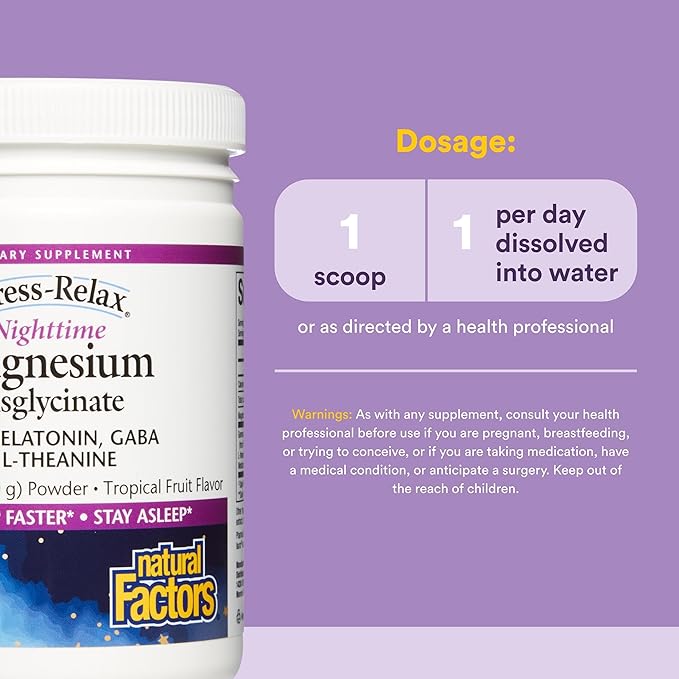 Natural Factors Stress-Relax Nighttime Magnesium Bisglycinate - Supports Sleep & Relaxation* - with Melatonin, L-Theanine & GABA - Tropical Flavor - 4.23 oz