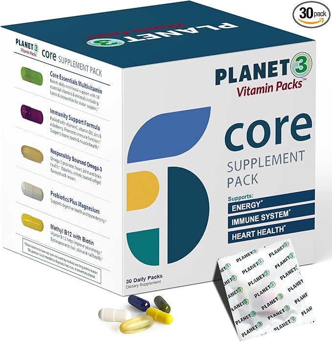 Daily Vitamin Packs for Men & Women – Immune, Energy & Heart Support with Vitamin D3, Omega-3, Probiotics, Methyl B12 & Vitamin C – Multivitamin with Lutein – Planet 3 Vitamin Packs, 30 Packets