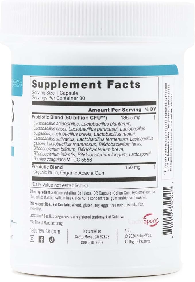 NatureWise Probiotics 60 Billion CFU - 17 Strains + Organic Prebiotics - Immune, Digestive & Gut Health Support for Women & Men - Vegetarian, Gluten-Free, Non-GMO - 30 Capsules[1-Month Supply]